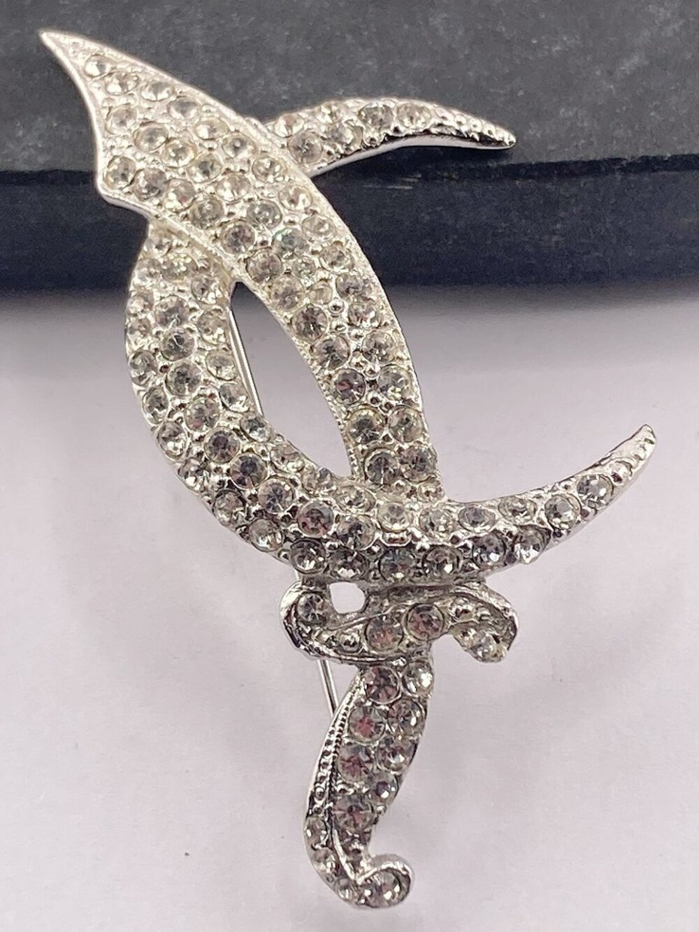 ORA Vintage rhinestone and silver tone metal scimitar sword crescent moon brooch